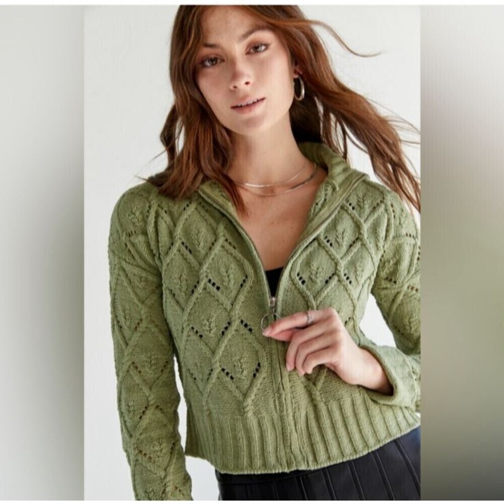 NWT Pink Republic Terry Chenille Pointelle Zip Cardigan‎ Large Willow Green